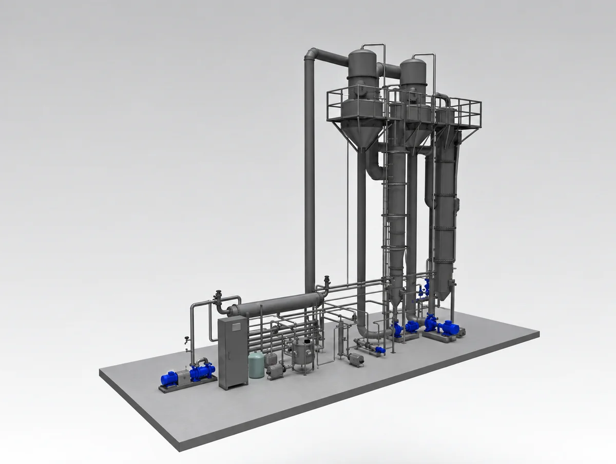 Three-dimensional illustration of an evaporator with vessels, pipework and a support structure.