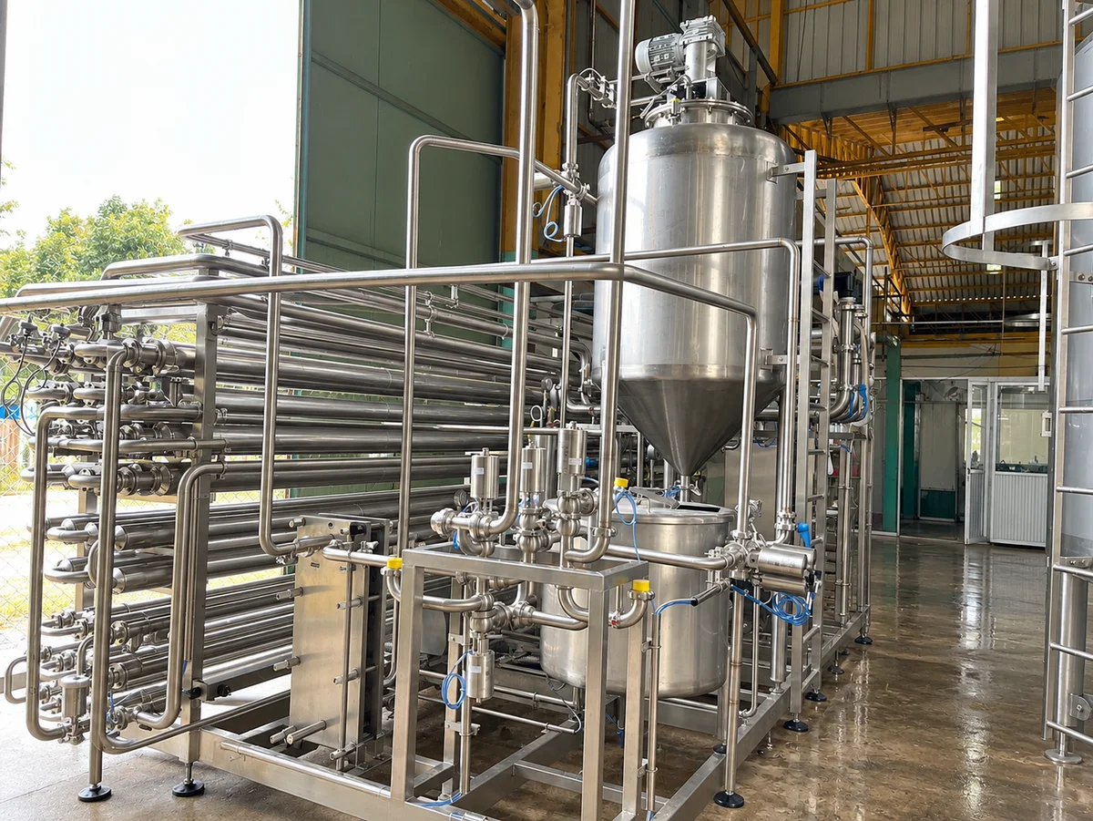 Horizontal stainless-steel pipe banks with a vertical vessel, valves and support frame.