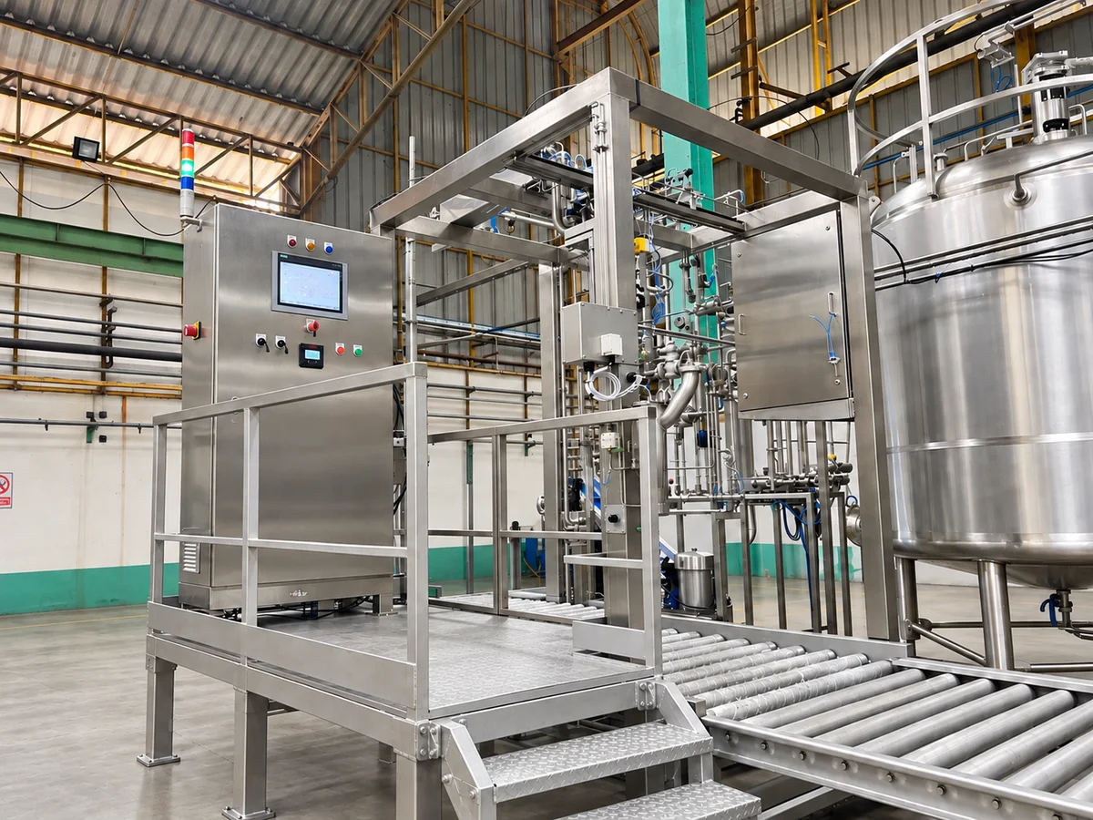 Stainless-steel filling frame with a control cabinet, access platform, roller conveyor and adjacent vessel.