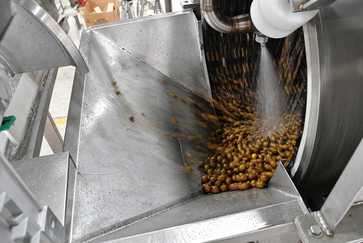 Rotary Brush Washer: Fruit inside the rotating washing section.