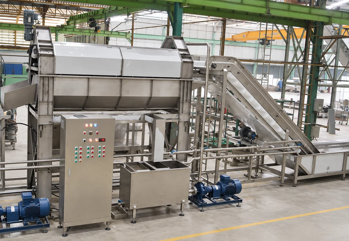 Rotary washing machine with an enclosed body and support frame.