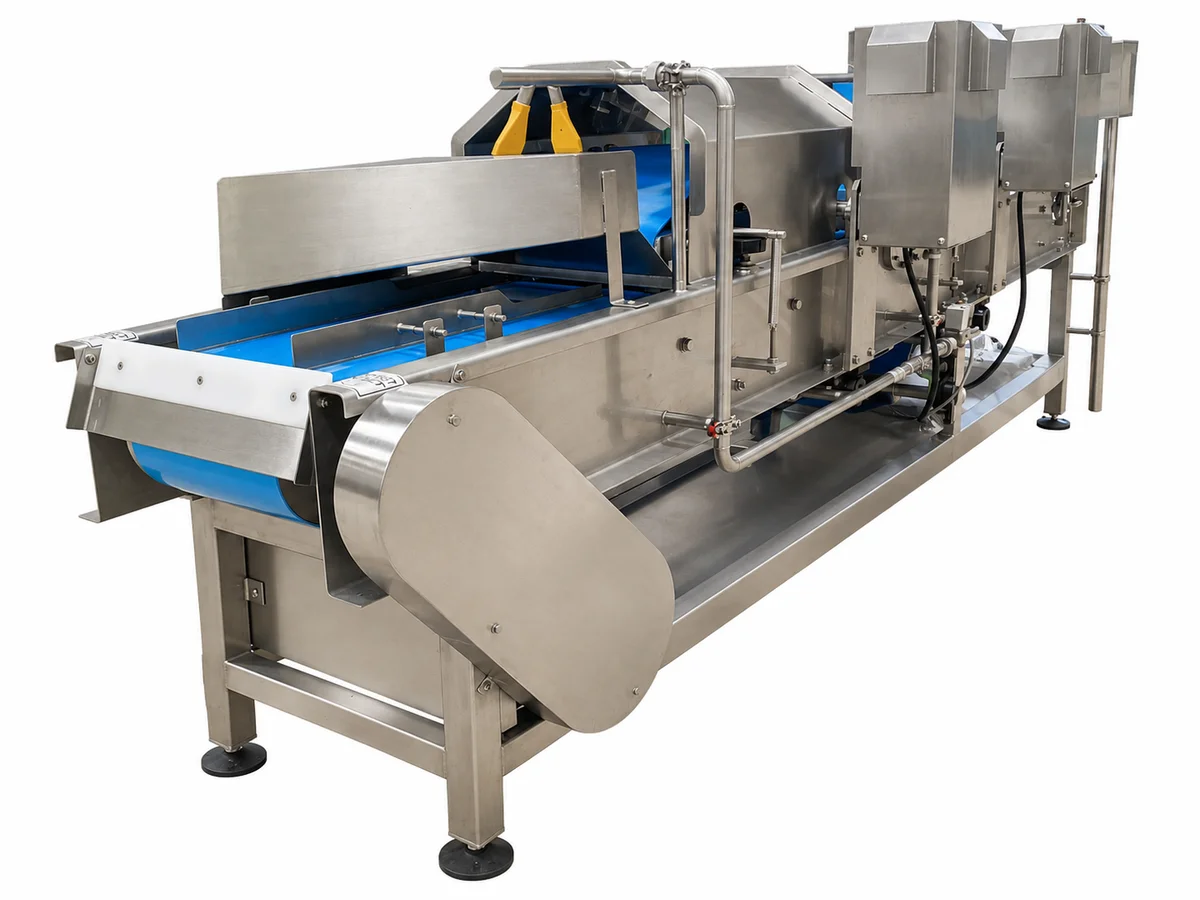 Stainless-steel machine with a blue belt, covers and side pipework against a white background.