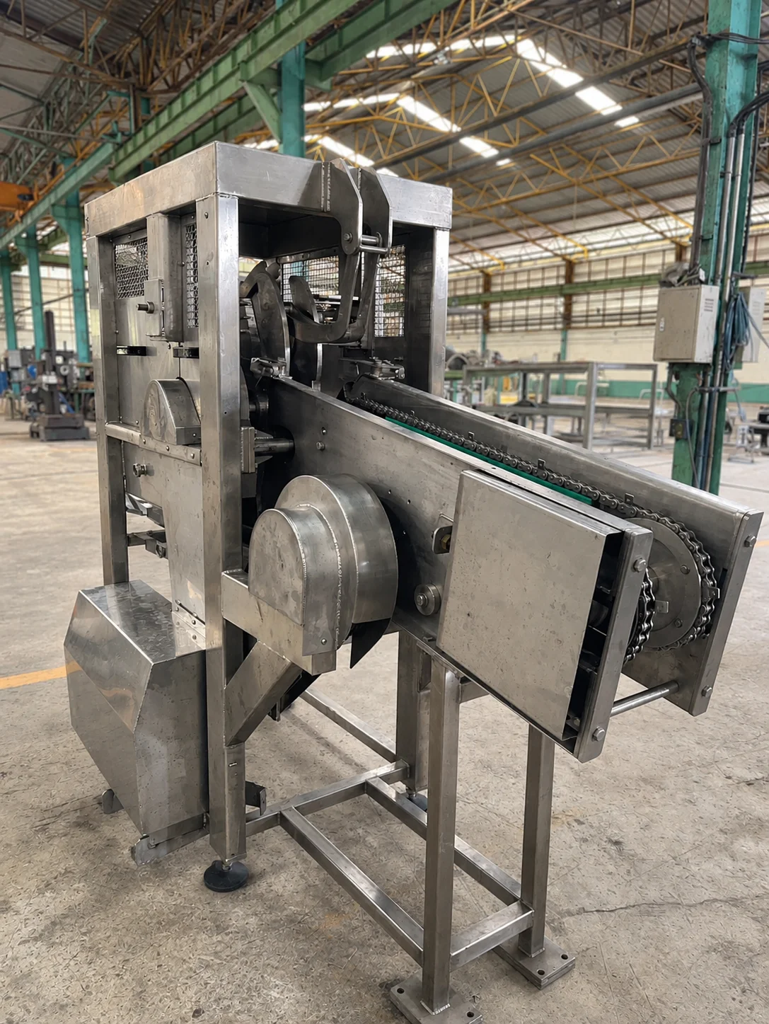 Coconut half-cutting equipment with a conveyor and an enclosed cutting assembly.