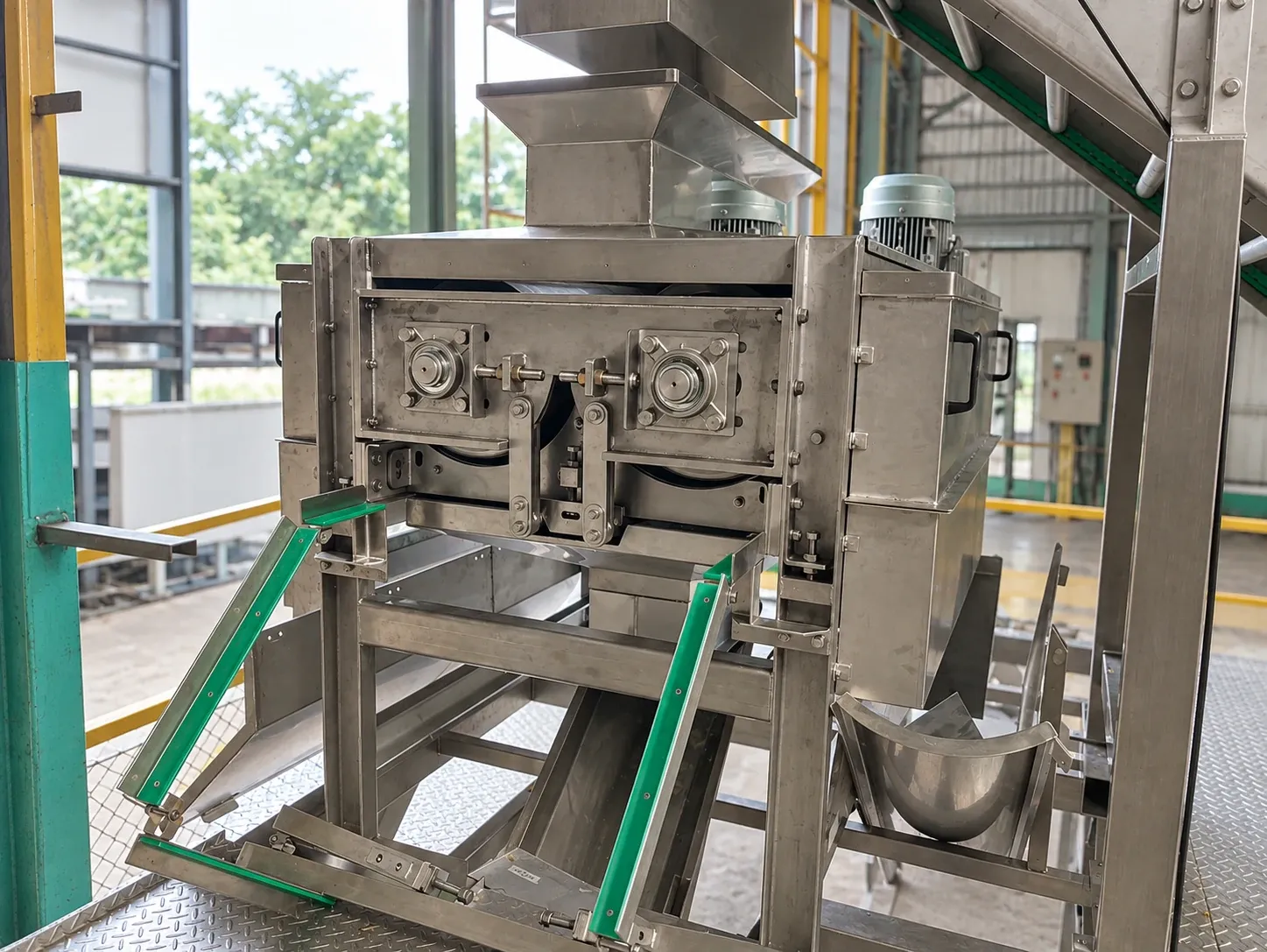 Drum peeling equipment with an open frame, drive components and a product chute.