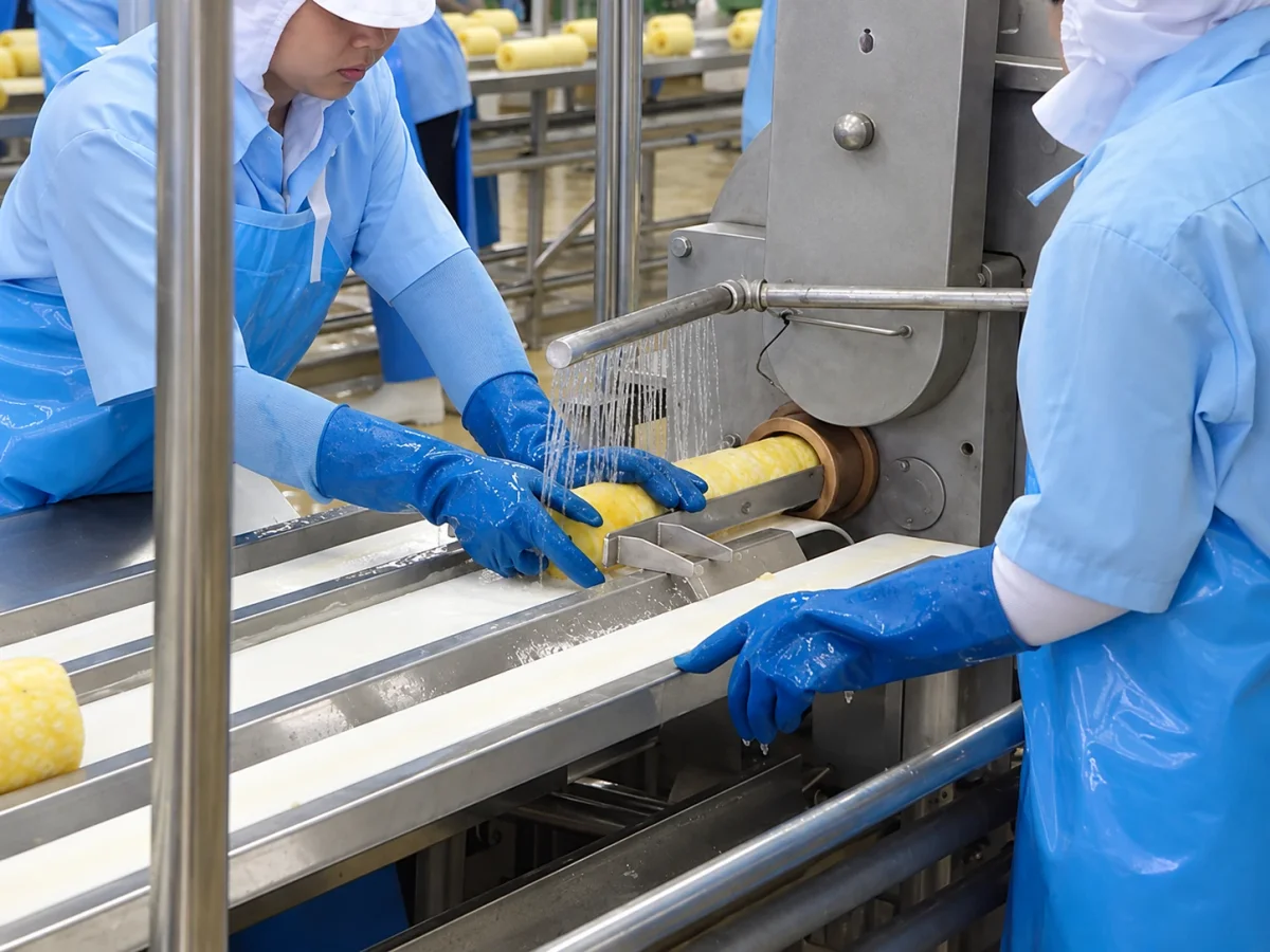 Pineapple Slicing: Pineapple slicing during operation.