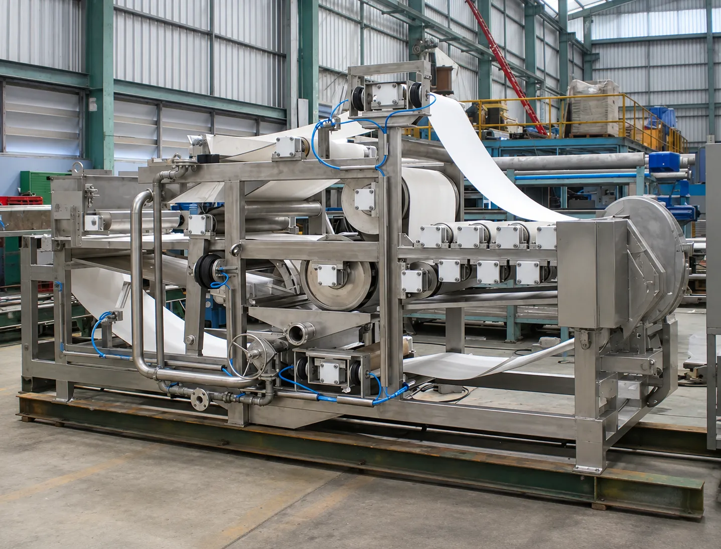 Belt press assembly with white belts, rollers and a stainless-steel frame.