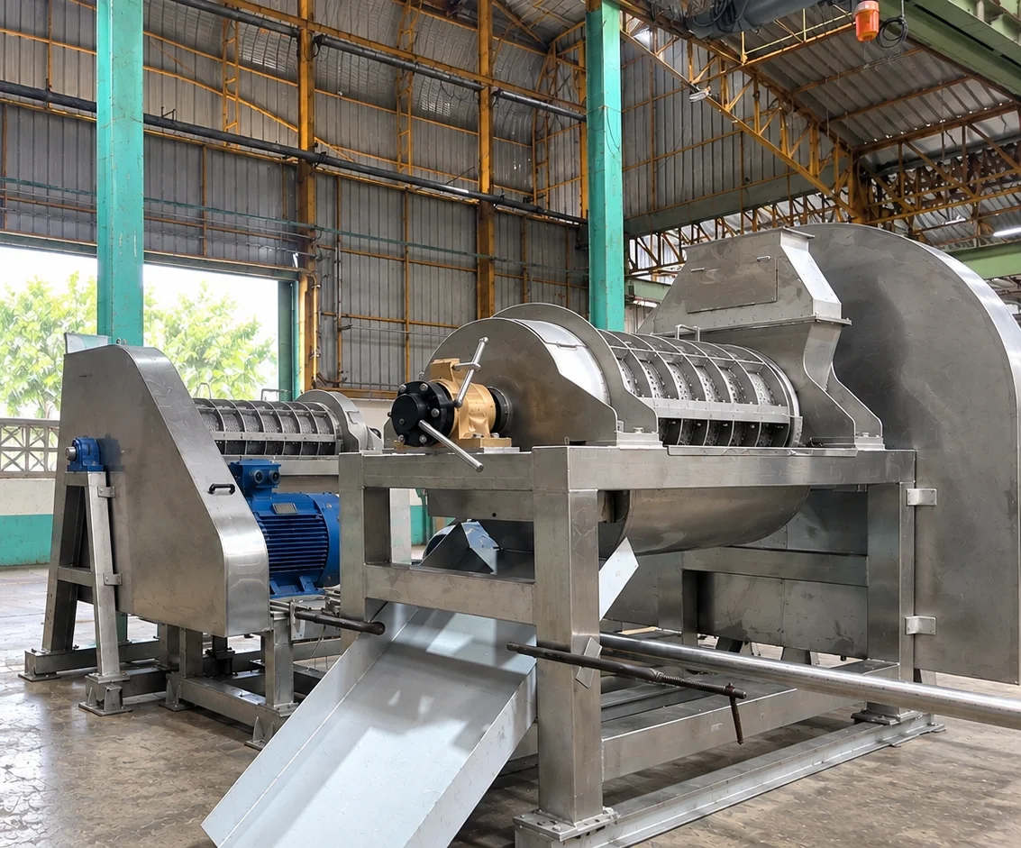 Horizontal extraction assembly with a perforated screen and discharge chute.