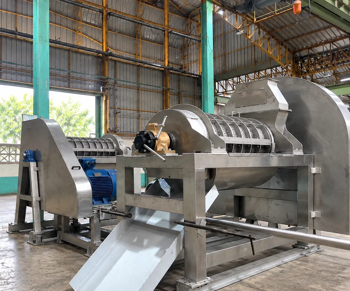 Horizontal extraction assembly with a perforated screen and discharge chute.