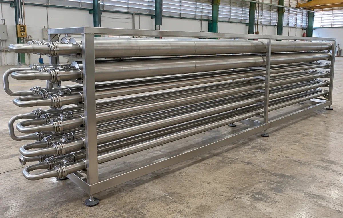 A bank of horizontal stainless-steel tubes with return bends and supporting frames.