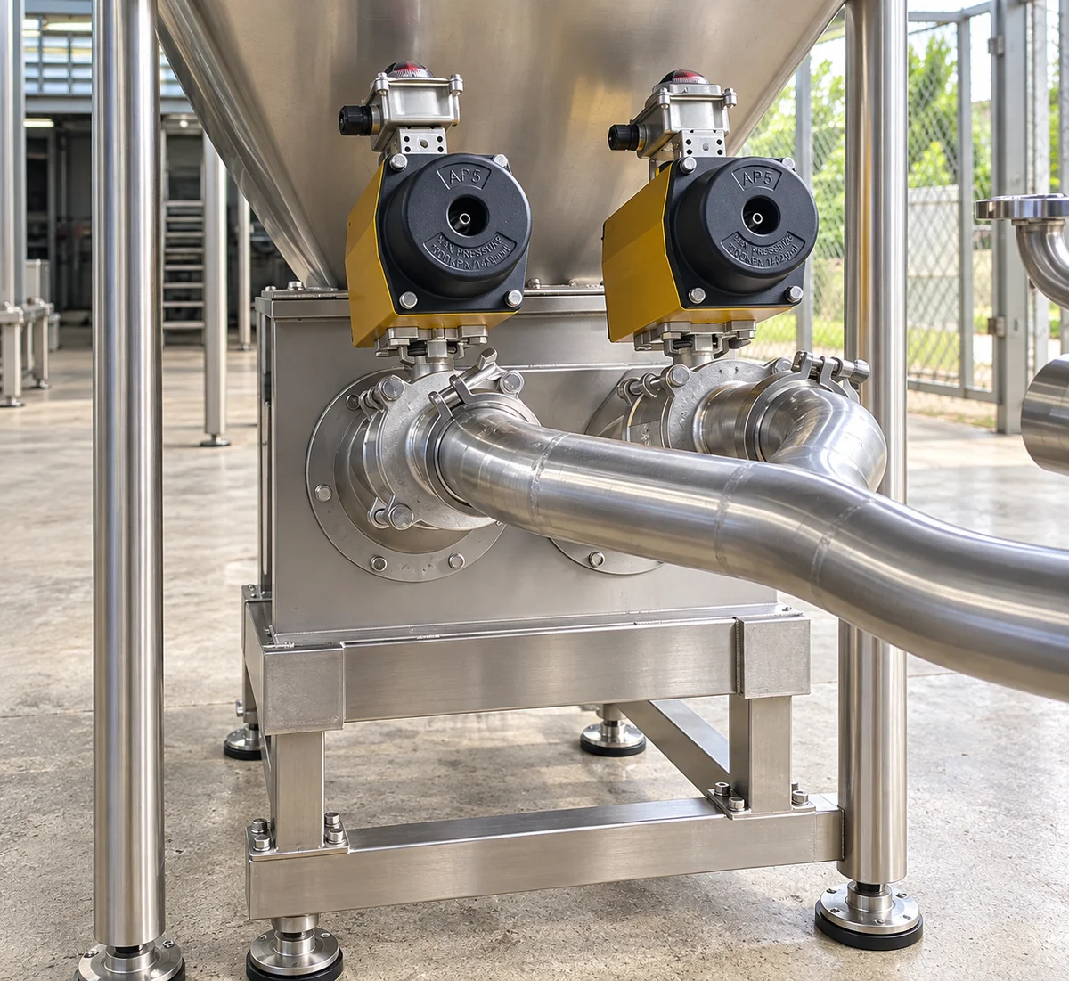 Twin piston pump assemblies beneath a hopper