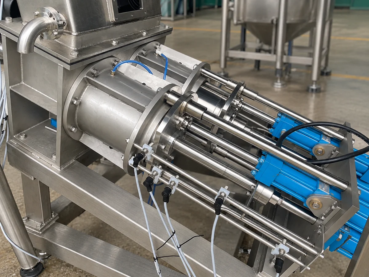 Close-up of a pump assembly with two parallel cylinders and blue actuators.