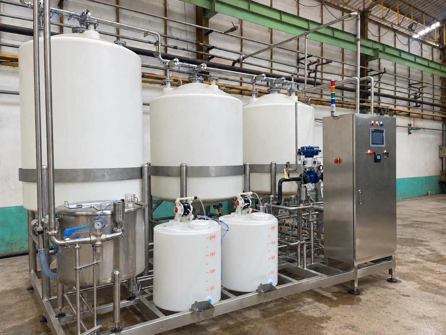 CIP central unit with storage tanks, connected pipework and a control cabinet.