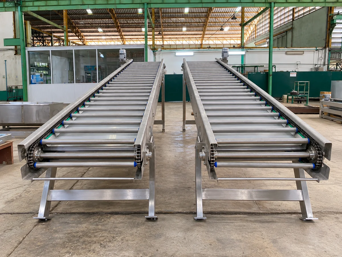 Two inclined conveyor assemblies in a workshop.