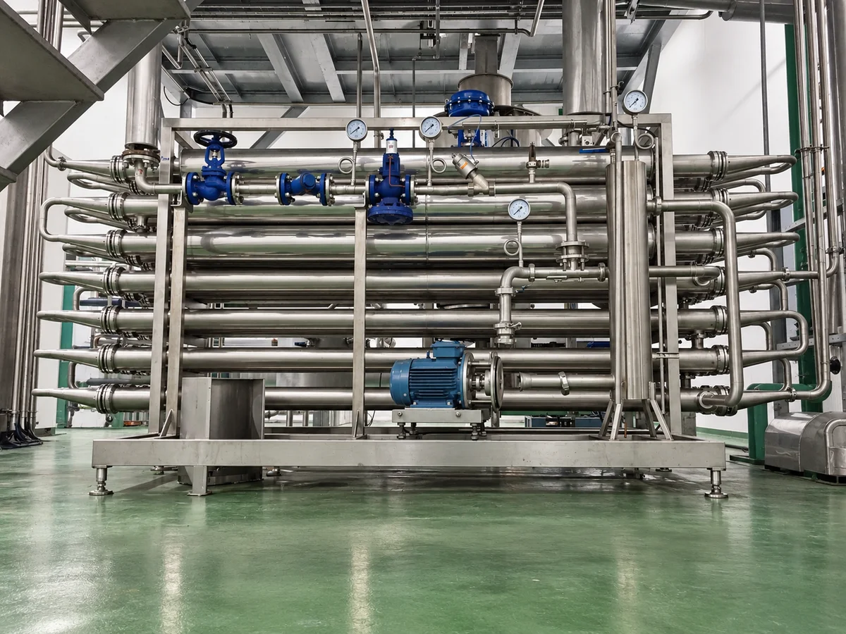 Multiple horizontal tubes with connecting pipes, valves, gauges and a motor on a stainless-steel frame.