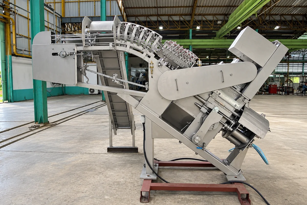 Side view of Ginaca pineapple-preparation equipment with its feed and carrier assembly.