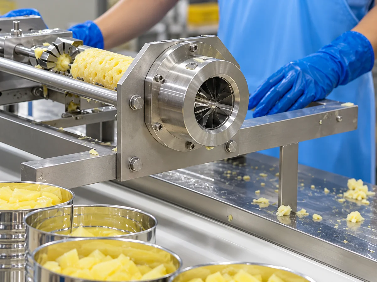 Gloved operator guiding prepared pineapple at a segmenting assembly.