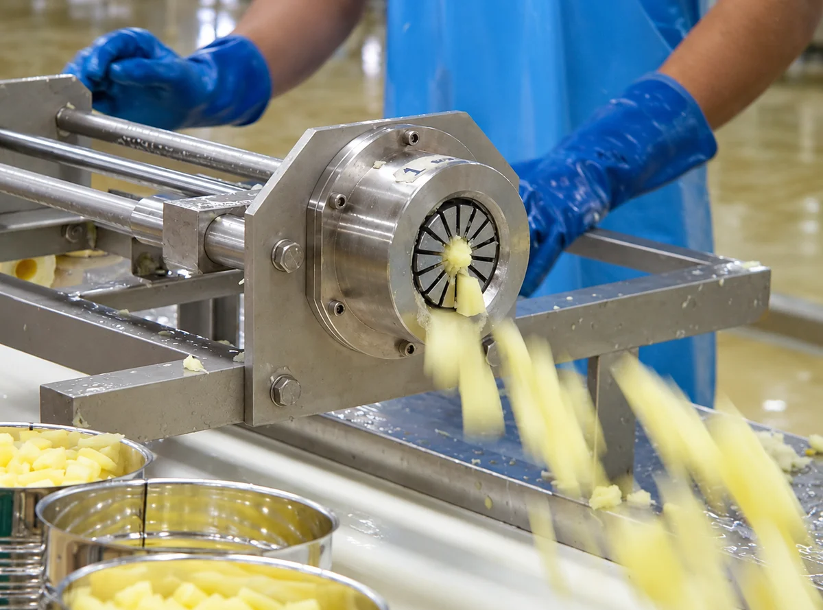 Pineapple pieces emerge from a circular stainless-steel cutting head with a gloved operator behind it.