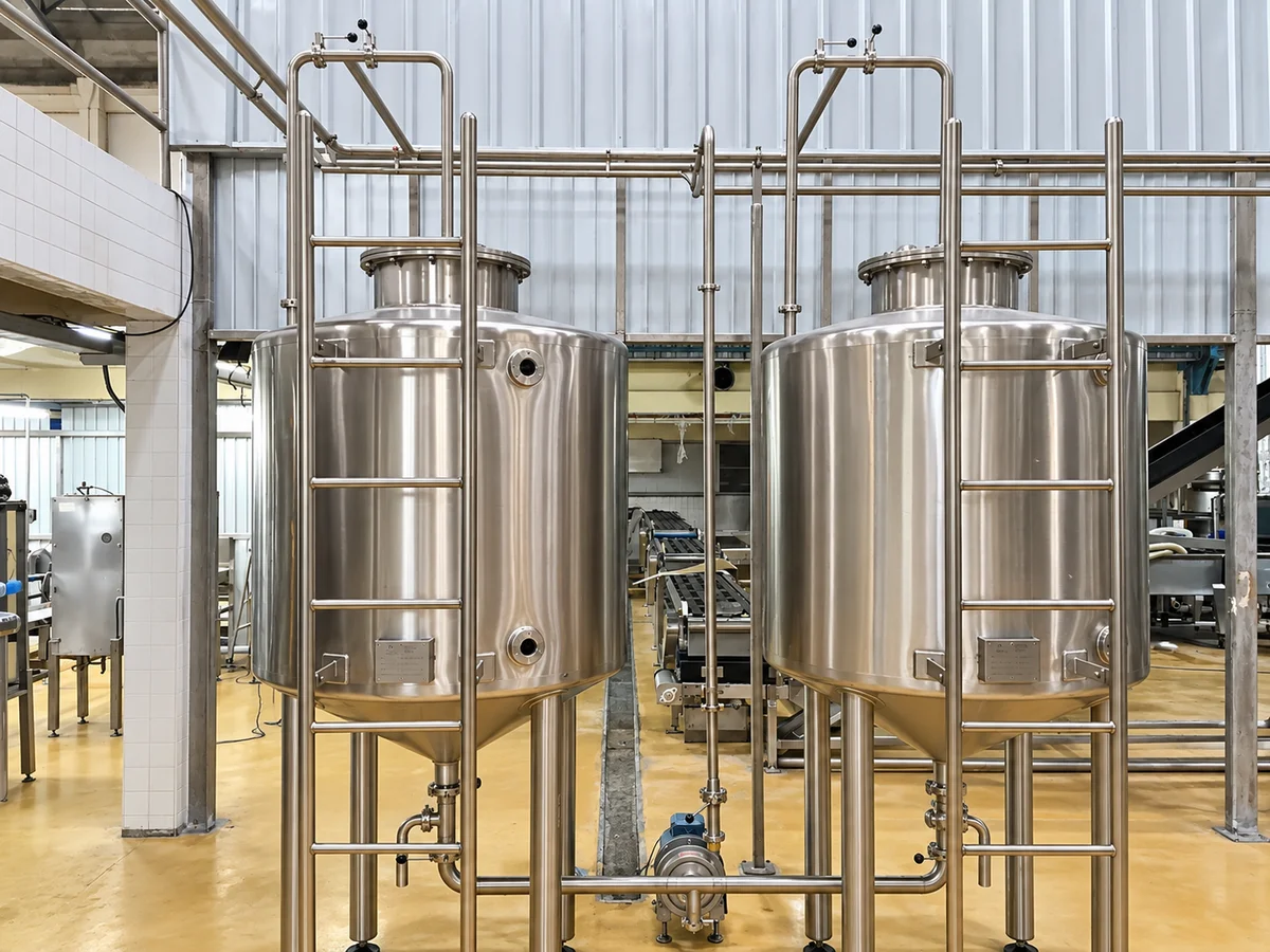 Blending Tanks: Paired blending vessels and pipework.