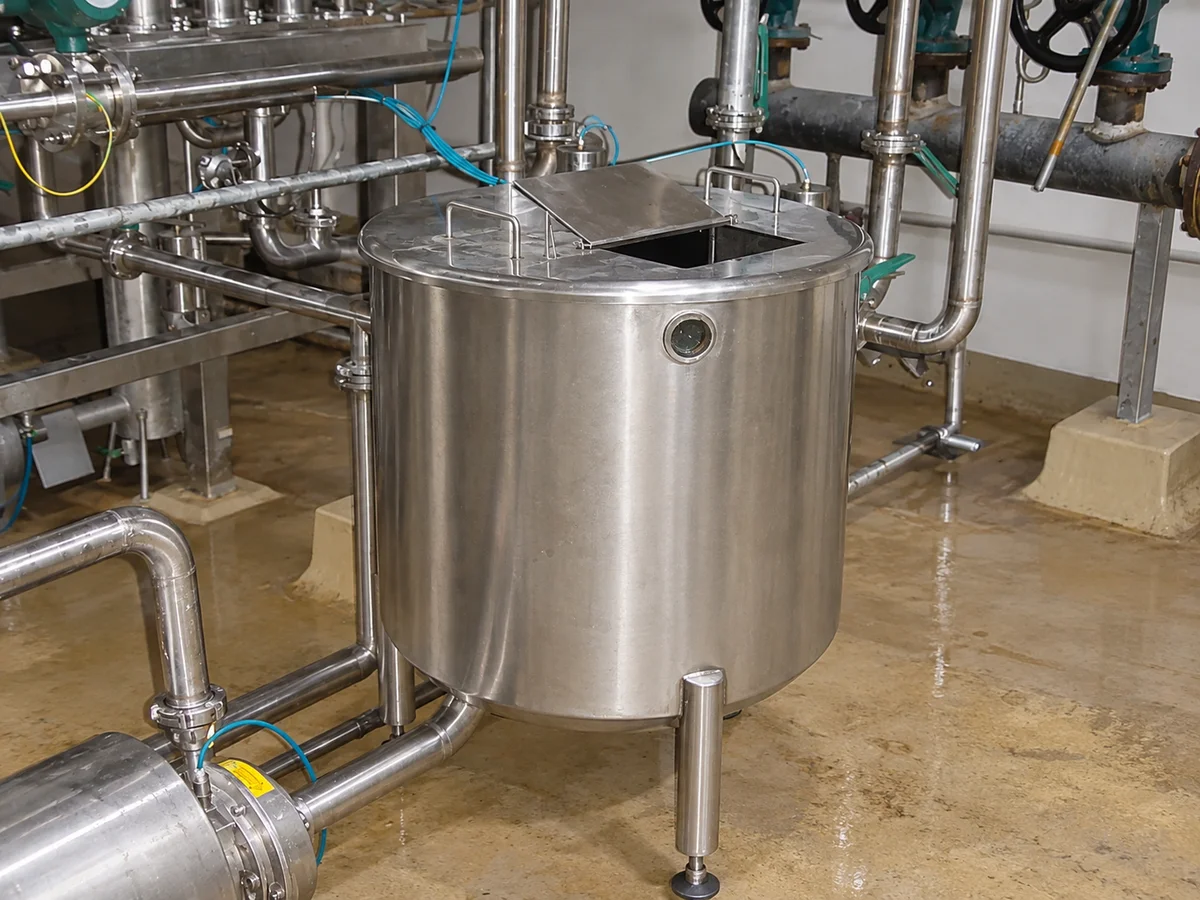 Buffer Tanks: Open-lid buffer vessel and pipe connections.