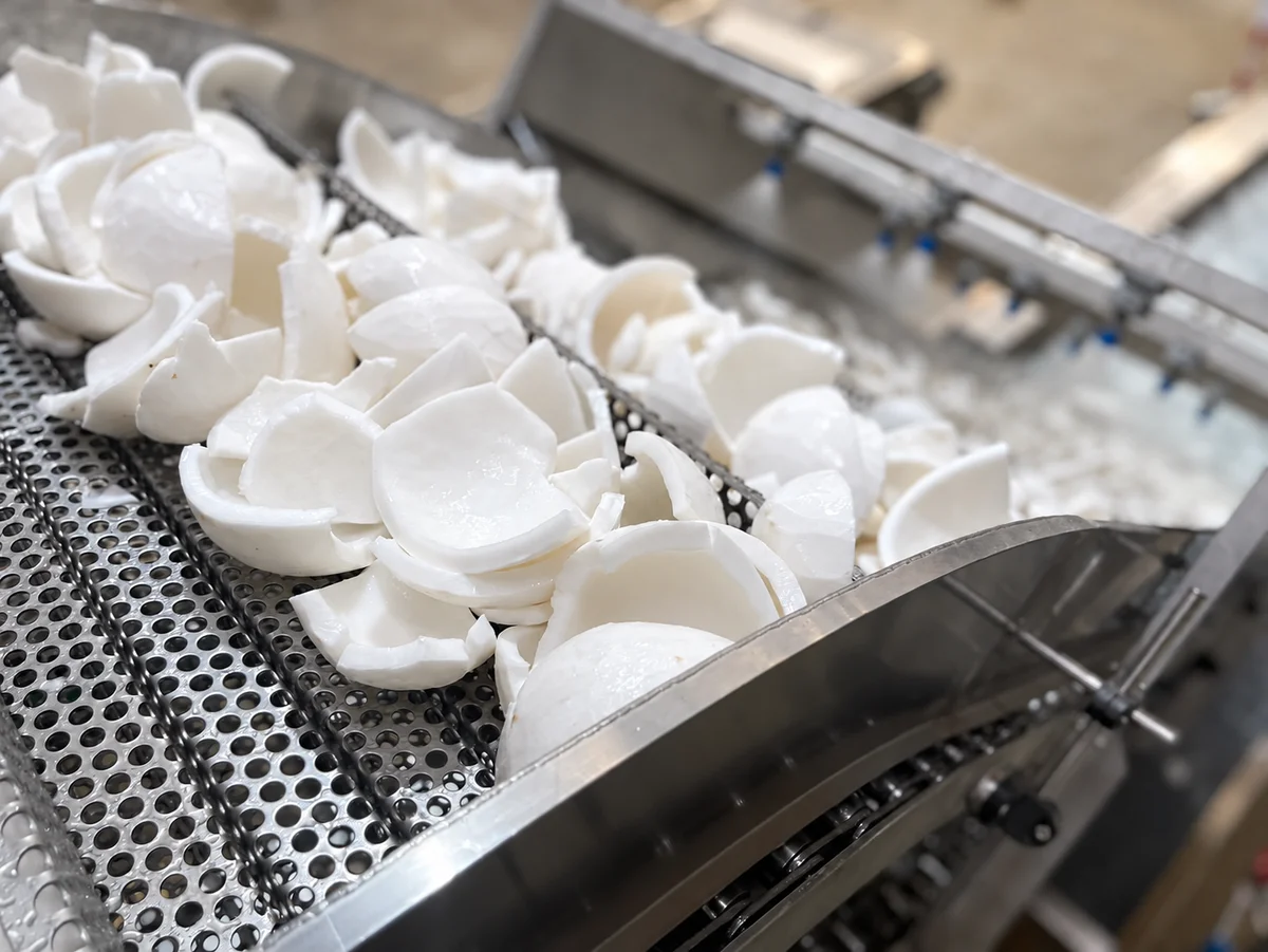 Coconut meat on the washing conveyor