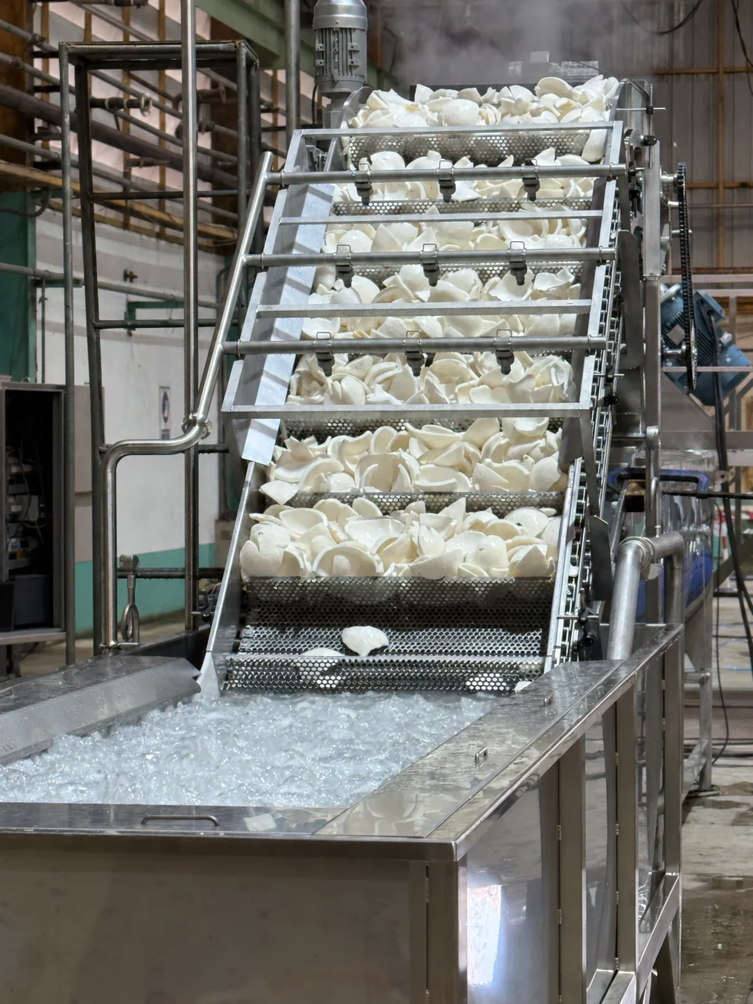 Air Bubble Washer: Outlet conveyor and washing sprays viewed from the front.