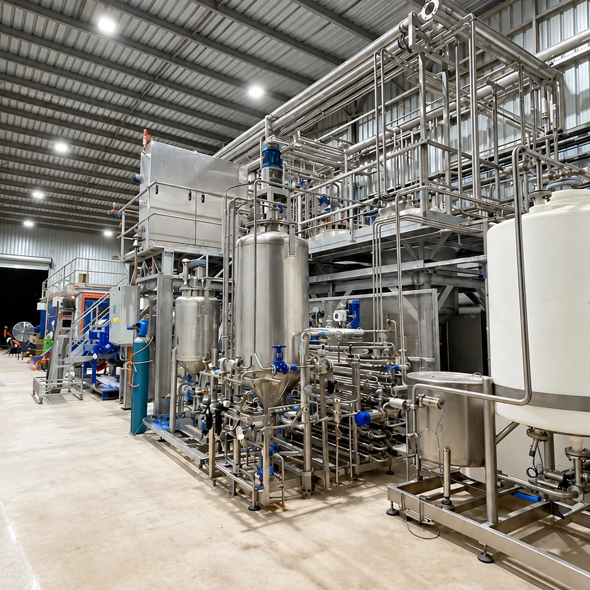 Processing equipment and connected pipework inside a workshop.