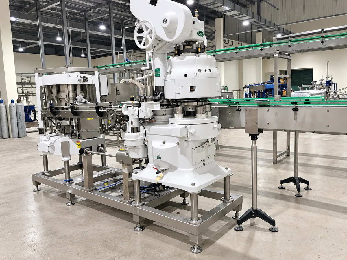 Can seaming machine connected to stainless-steel conveyors.