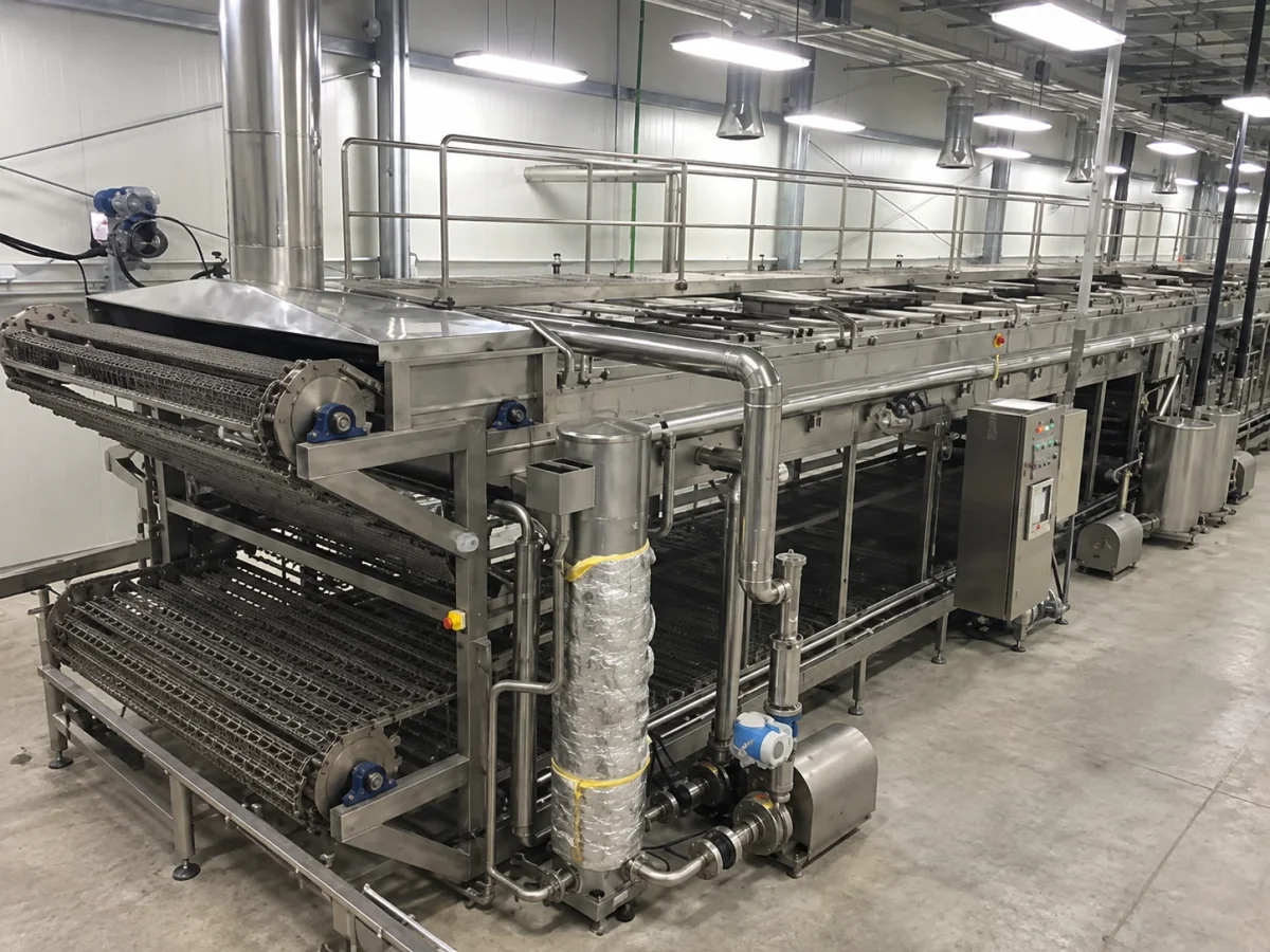 A stainless-steel continuous processing system with conveyors, pipe connections and access railings.