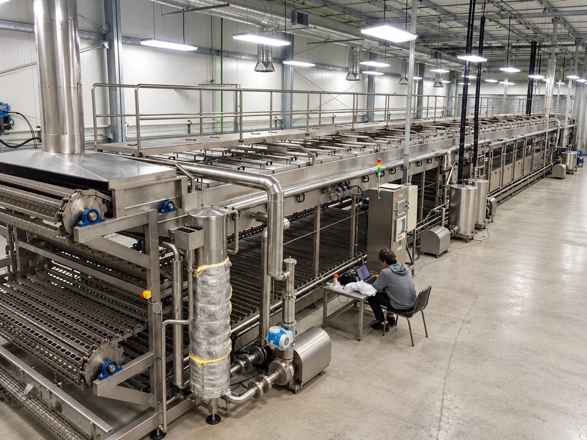 Elevated workshop view of a long conveyor-based machine with pipework, vessels and an operator beside it.
