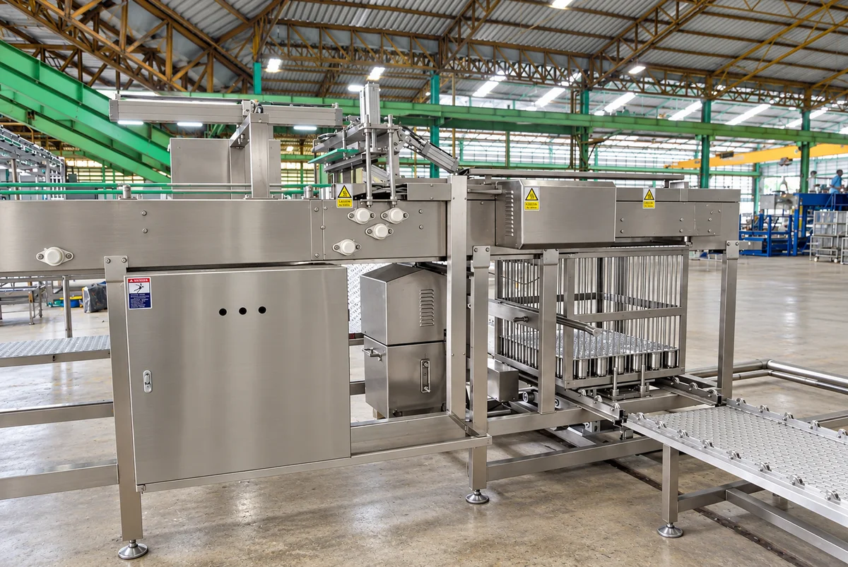 Palletizing equipment with a raised frame and roller conveyor.