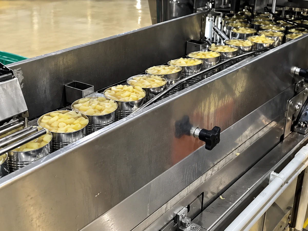 Open pineapple-filled cans on the inline liquid-filling conveyor.
