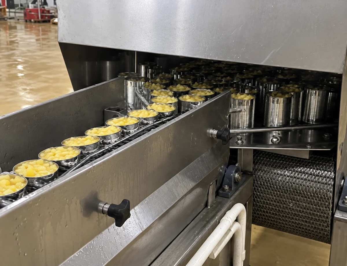 Open pineapple-filled cans on a conveyor entering the Exhaust Box.