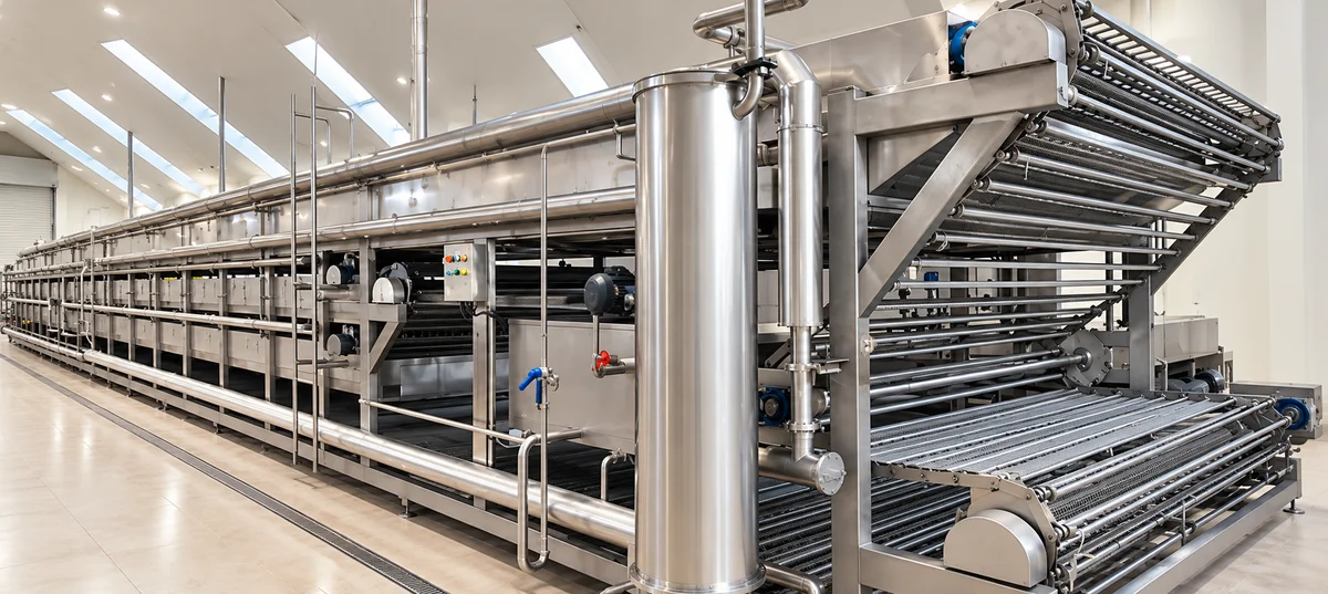 Continuous Cooker & Cooler: Cooker-cooler transfer belts and support structure.