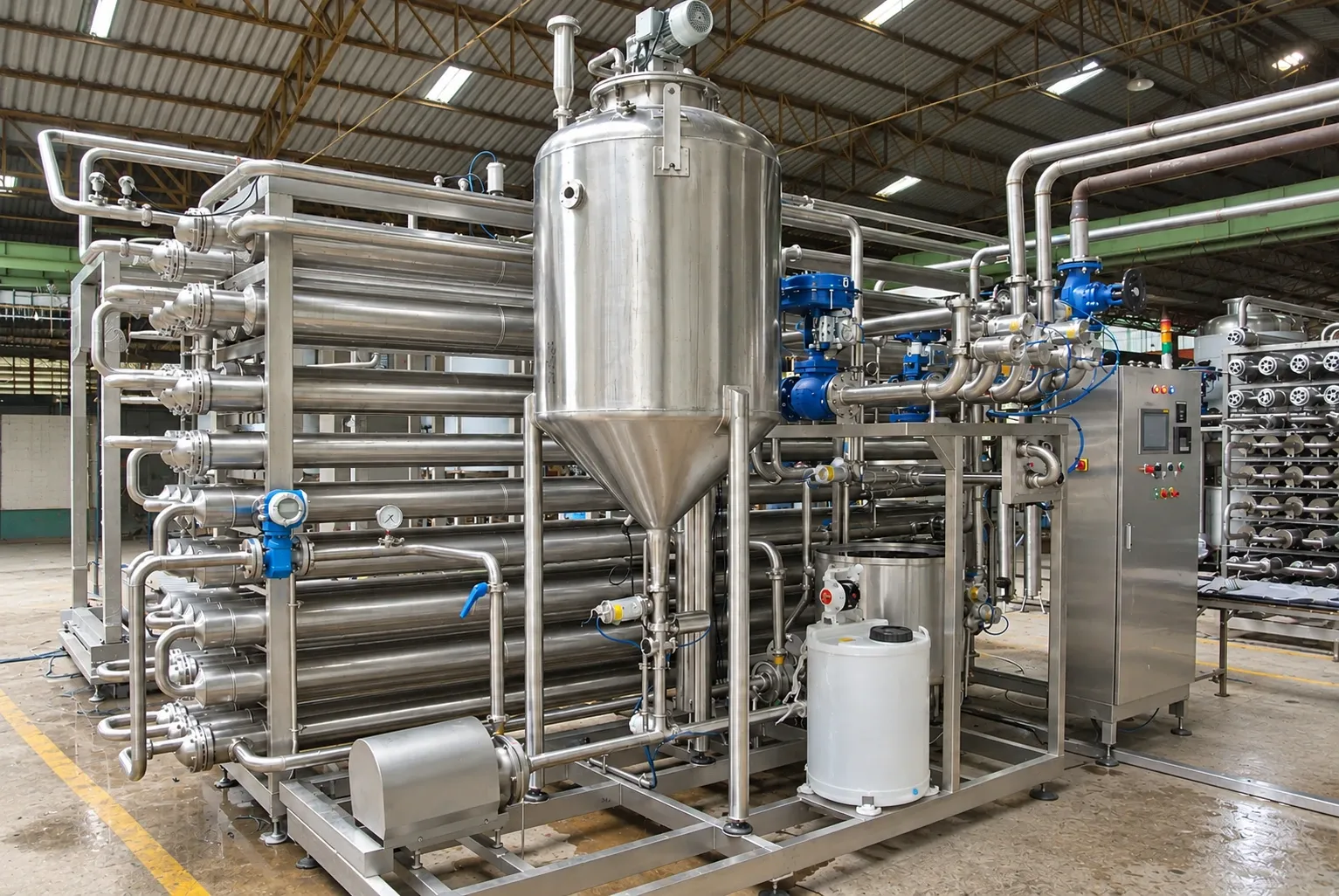 Pasteurization equipment with tubular heat-transfer sections, a vertical vessel and a control cabinet.