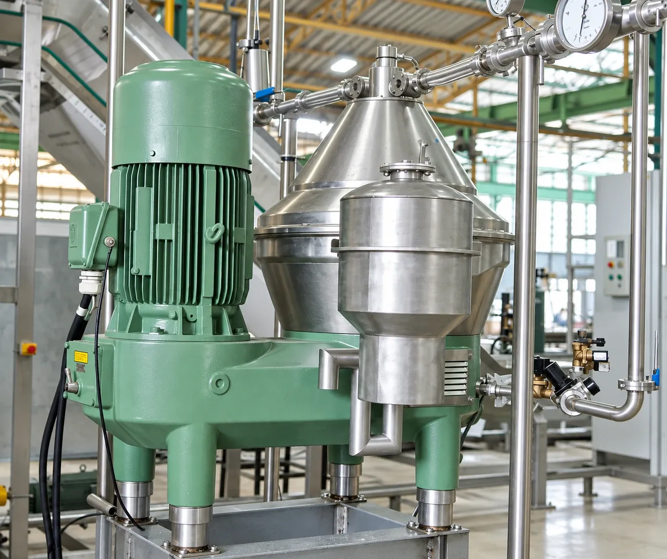 Separator assembly with a stainless-steel bowl housing, green drive and connected pipework.