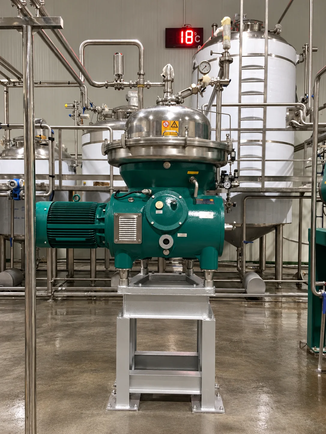 Vertical separator with a stainless-steel bowl housing, green drive assembly and connected pipework.