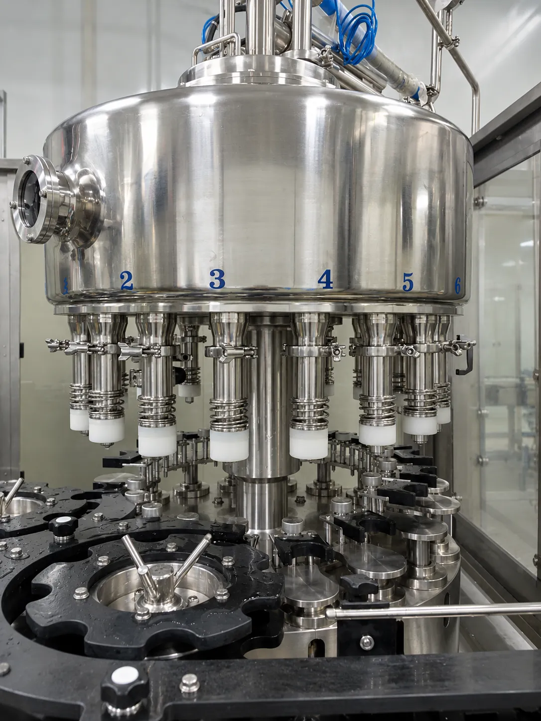 Rotary filling assembly with a product vessel and filling positions.