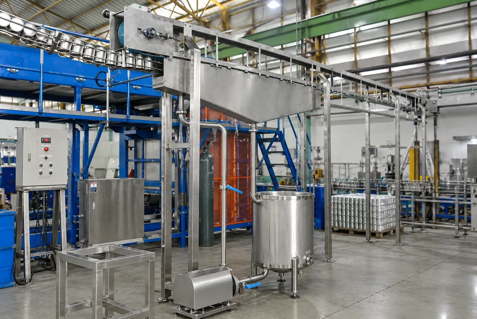 Empty-can conveyor and washing equipment with stainless-steel pipework and a collection tank.