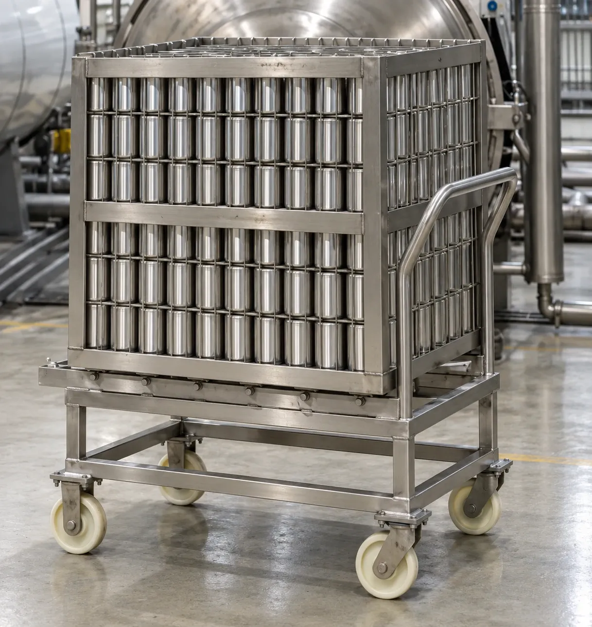 Wheeled retort basket holding rows of cans.