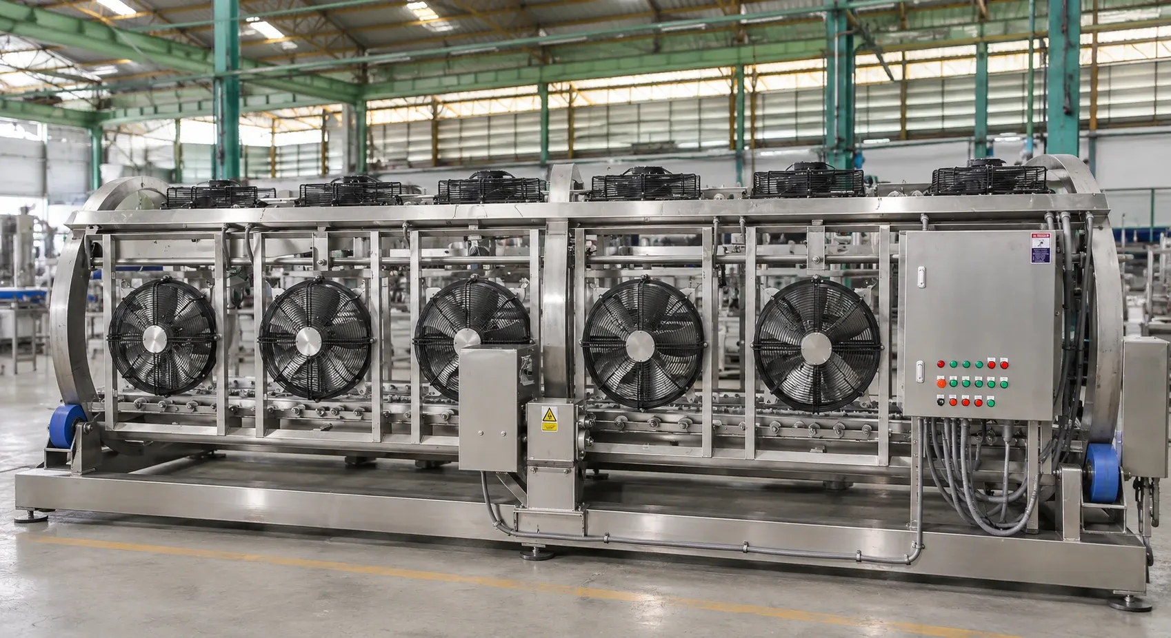 Can tilting and surface drying assembly with a cylindrical rotating frame, conveyor, fans and control panel.