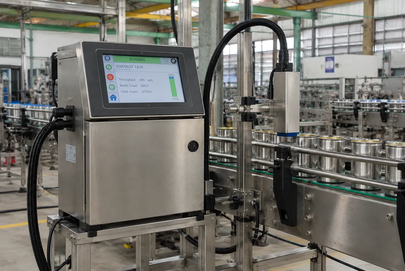 Coding equipment with a control display, print head and cans on a conveyor.