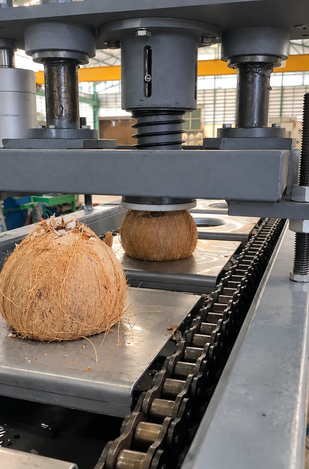 Coconut Drilling: Close view of the coconut drilling head and carrier.