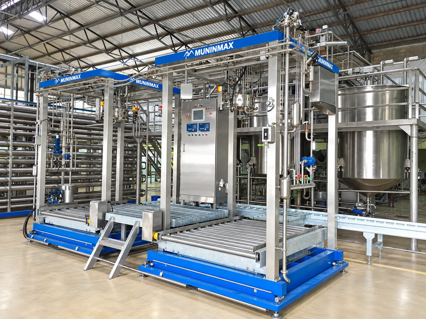 Aseptic filling equipment with roller conveyors and control cabinets.