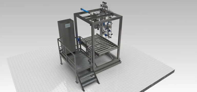 3D illustration of aseptic filling equipment with a frame, filling assembly and roller platform.