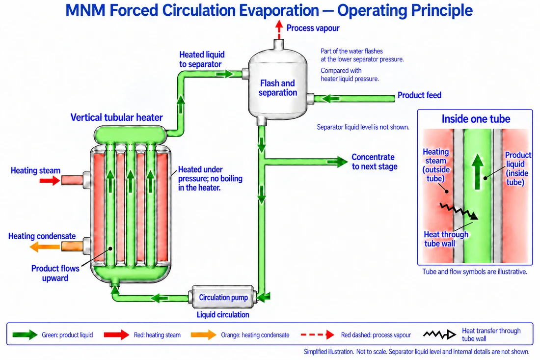 Forced-circulation diagram with a separator above the heater. Fresh green product feed enters the lower right side wall of the separator. One green liquid pipe leaves its bottom and descends to a tee: the right branch sends concentrate to the next stage, while the downward branch feeds the circulation pump. Pump discharge flows left to the heater bottom; product rises through the tube passages and returns upward to the separator. Separate red heating-steam and orange condensate connections serve the shell outside the product tubes. A one-tube inset shows heat crossing the grey wall into upward-flowing green liquid. Dashed-red process vapour exits the separator top. No separator liquid level or internals are shown.