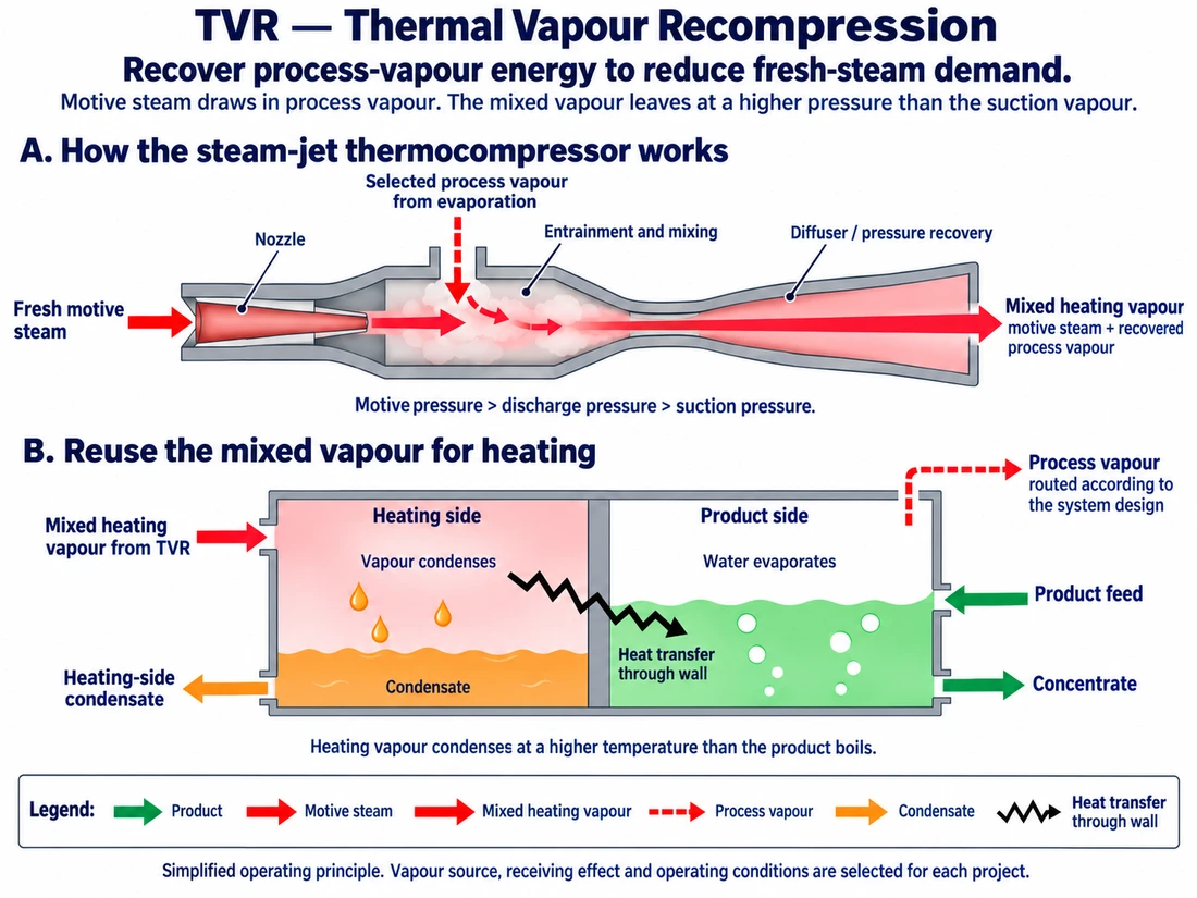A steam-jet thermocompressor receives motive steam through a nozzle and selected process vapour through a suction port. Their mixed discharge passes through a diffuser and supplies an evaporator heating compartment. Heat crosses a wall to the product, while heating-side condensate and product concentrate leave through separate outlets.