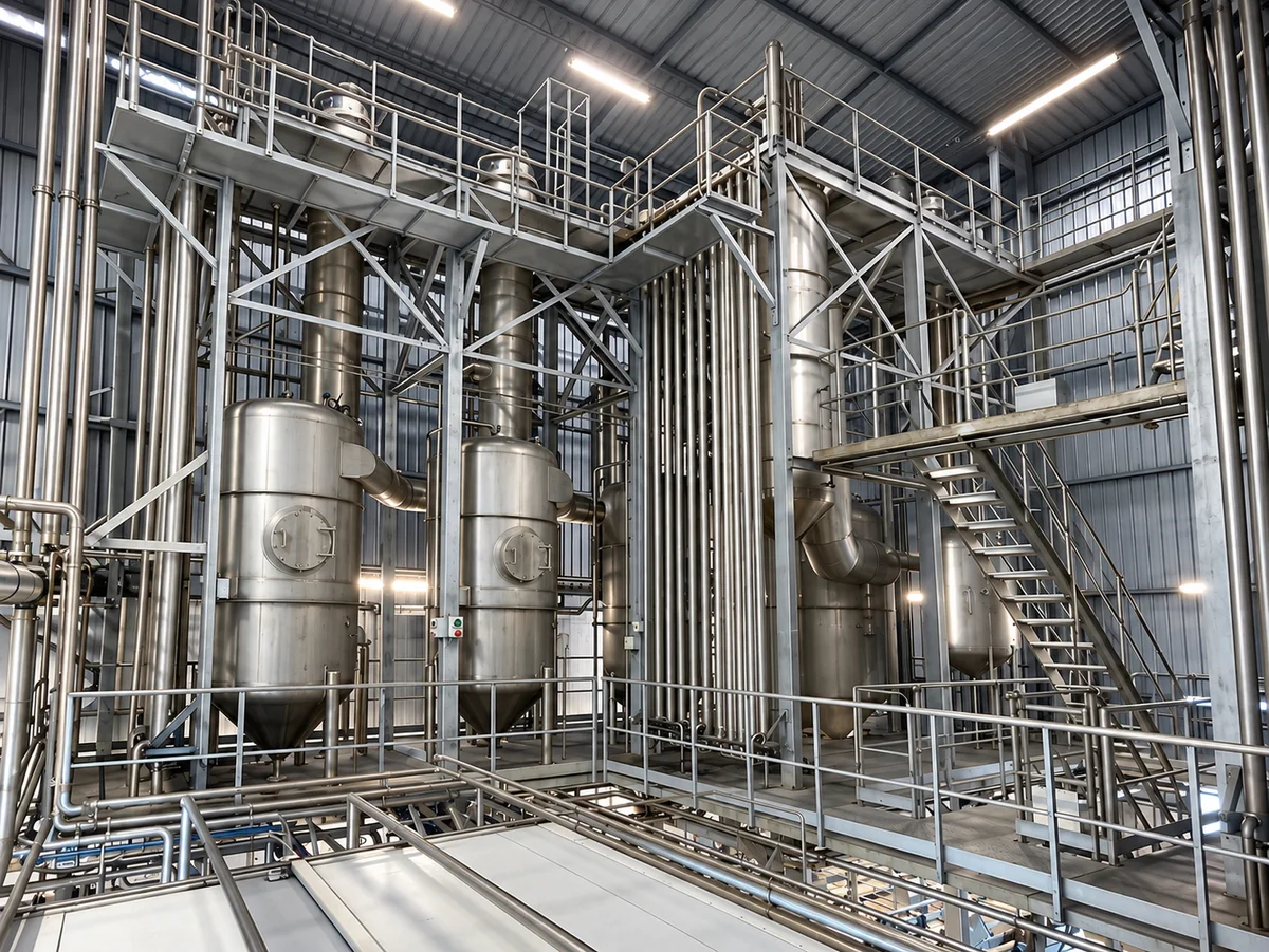 Evaporation Systems: Evaporator vessels and interconnecting pipework viewed from another side.