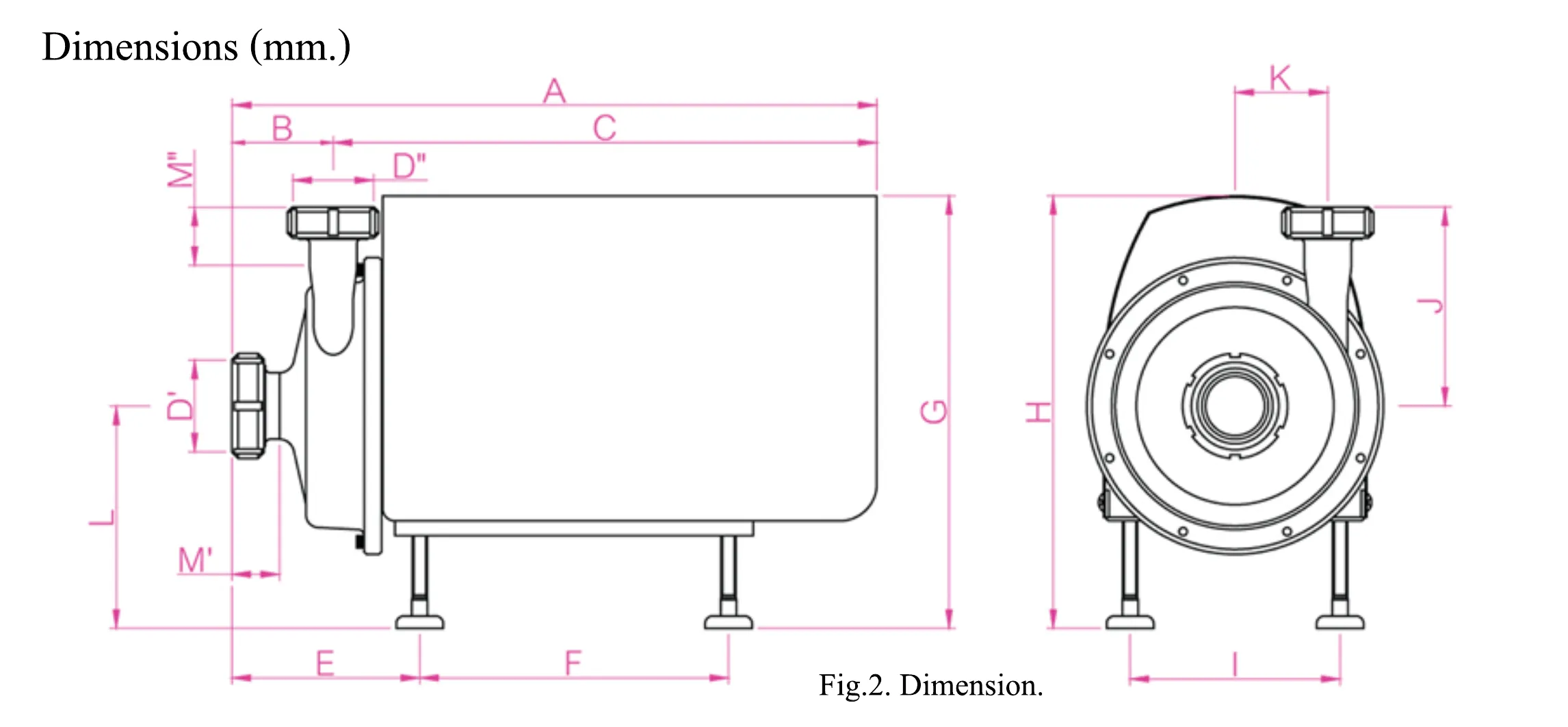 FCM dimensional drawing with lettered measurement labels; selected dimensions are provided in the accompanying table.