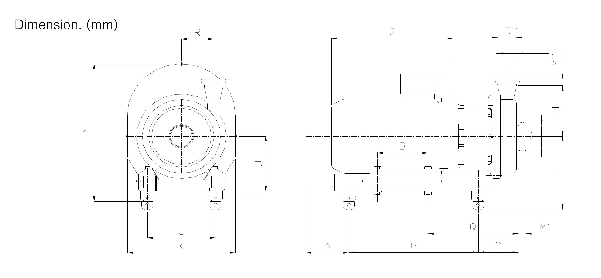 FEC 10 dimensional drawing with lettered measurement labels; dimensions for the listed motor configurations are provided in the accompanying table.