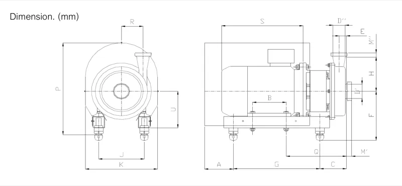 FEC 10 dimensional drawing with lettered measurement labels; dimensions for the listed motor configurations are provided in the accompanying table.